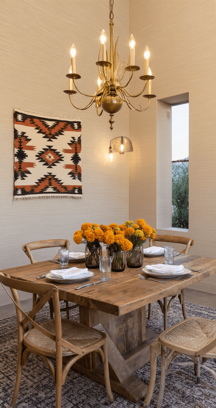 Desert-inspired dining space at dusk with reclaimed barnwood table under a vintage brass chandelier, featuring fresh Desert Marigolds in smokey glass vases, sand-toned grasscloth wallpaper, and bold Navajo textile art, all illuminated by warm artificial lighting.