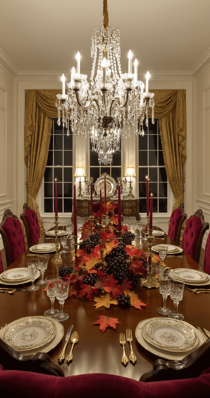 A luxurious formal dining room featuring an ornate mahogany table set with fine china and crystal glassware, illuminated by a crystal chandelier and adorned with antique brass candle holders and vibrant maple leaves. Burgundy velvet chairs surround the table, while heavy damask curtains frame tall windows, creating a warm and dramatic evening ambiance.