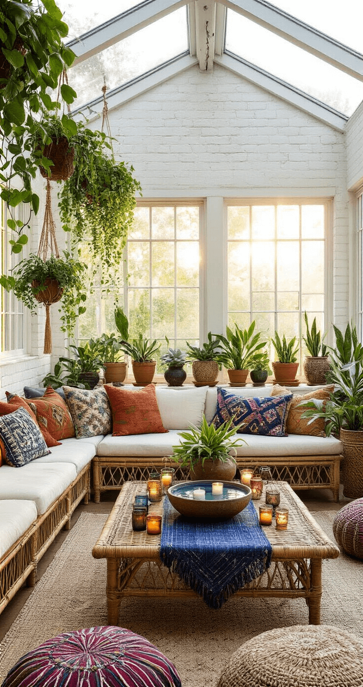 A bohemian sunroom with white-washed brick walls and a glass ceiling, featuring a rattan coffee table with a handwoven indigo runner, a ceramic bowl of floating candles, and terracotta-potted succulents. Floor cushions in jewel tones surround the table, while macramé plant hangers display greenery above. A vintage ladder holds cozy throws, and Moroccan rugs cover the terracotta tile floor, all bathed in warm, golden hour light.