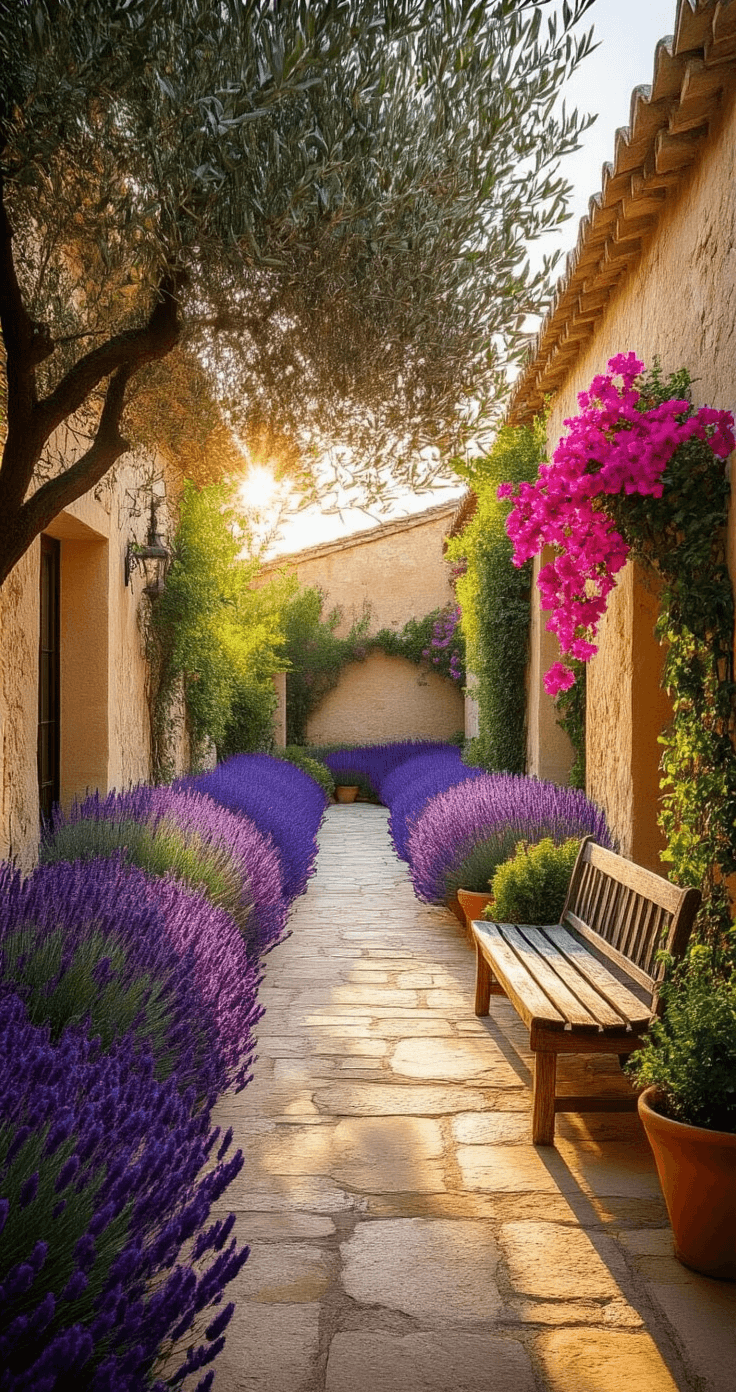 A sunlit Mediterranean courtyard garden featuring lavender in terracotta pots, vibrant bougainvillea, and an old olive tree, with a rustic wooden bench amid dappled light and glowing flower heads.