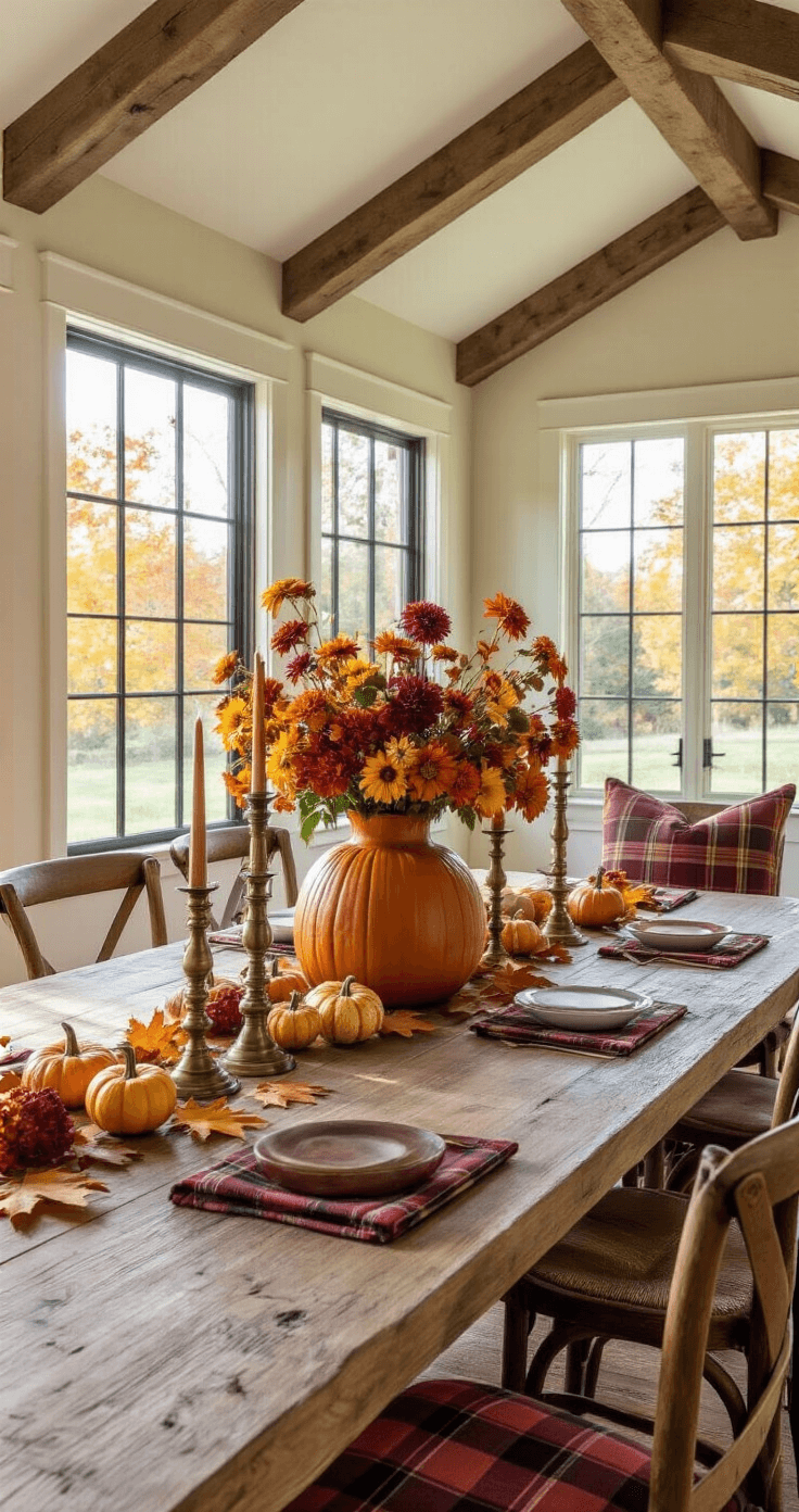 A spacious dining room featuring vaulted ceilings and exposed wooden beams, illuminated by late afternoon sunlight. A long farmhouse table is set with a faux pumpkin vase filled with autumn flowers, surrounded by vintage brass candlesticks, small gourds, and scattered maple leaves. Rustic wooden chairs with plaid throw pillows complement the soft cream walls and deep orange and burgundy accents, creating a cozy autumnal atmosphere.