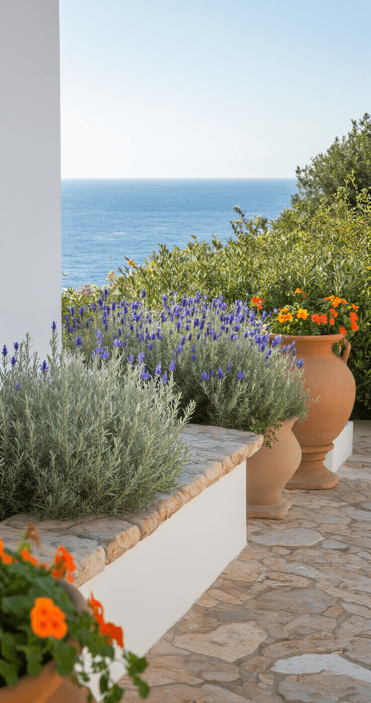Intimate coastal garden terrace with Mediterranean Sea views, featuring built-in stone planters filled with silvery artemisia, blue rosemary flowers, and golden lantana, alongside trailing nasturtiums in terra cotta urns, set against whitewashed walls and natural stone flooring with thyme growing between cracks, captured in clear morning light with sharp focus on foreground plantings and a soft focus ocean backdrop.