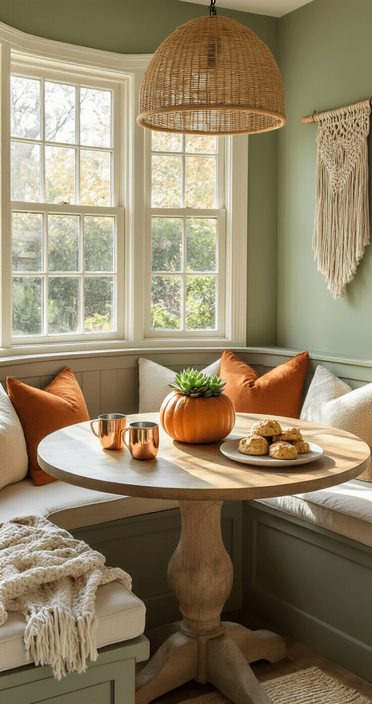A cozy breakfast nook with a bay window overlooking a garden, featuring a round wooden table adorned with a succulent-topped pumpkin centerpiece, copper mugs, and freshly baked scones. Cream cushions and burnt orange throw pillows line a built-in bench, while a rattan pendant light illuminates the sage green walls and a macramé wall hanging nearby. The image is captured from an elevated angle, showcasing the circular arrangement and natural morning light.