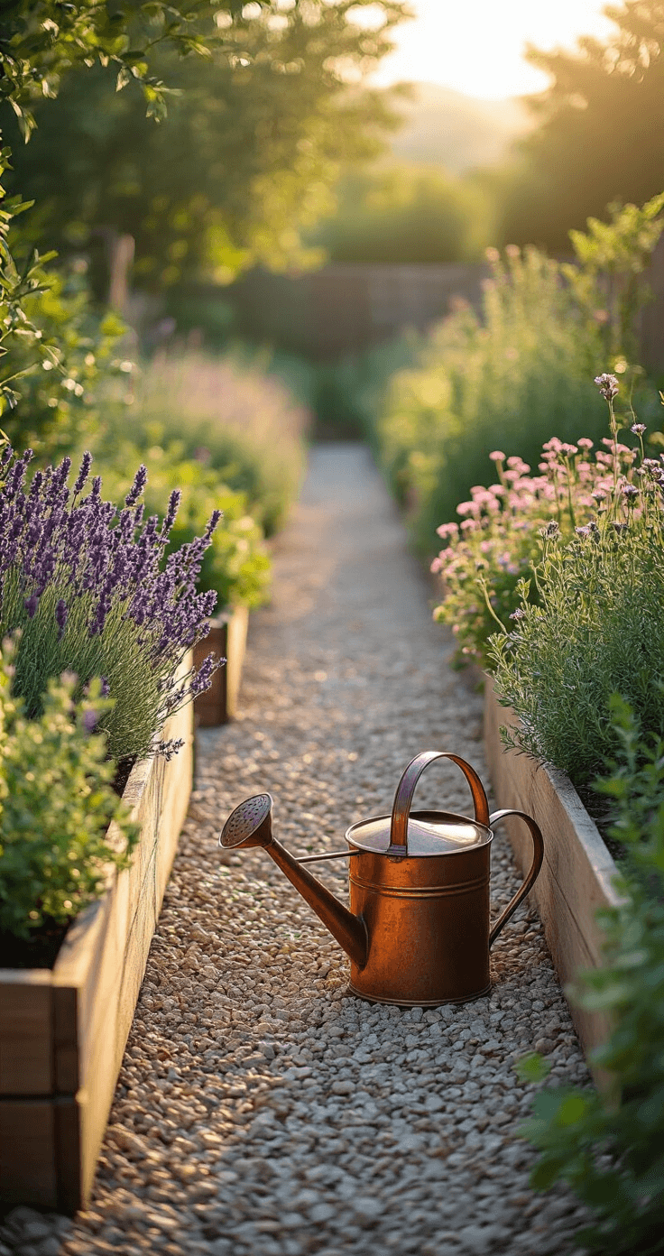 A low-angle view of a rustic Mediterranean herb garden at golden hour, featuring raised wooden planters filled with flowering herbs like purple sage, blue rosemary, and pink thyme, with a vintage copper watering can as the focal point, while morning dew glistens on the aromatic foliage.