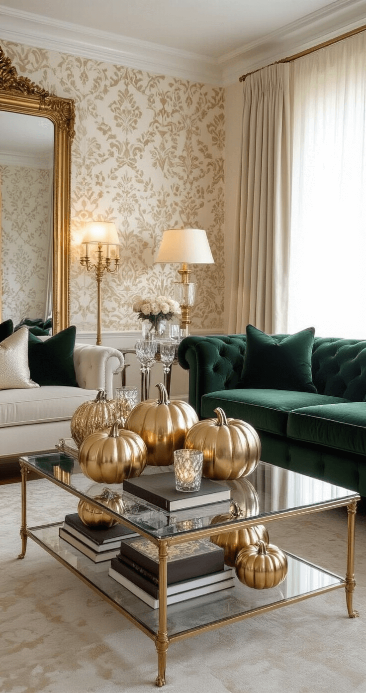 An elegant living room with high ceilings and crown molding, featuring a glass coffee table adorned with metallic vinyl-decorated pumpkins and crystal candle holders, surrounded by a plush deep forest green velvet sofa, brass floor lamps, and damask wallpaper. A large gilt-framed mirror reflects the scene, capturing the warm ambient lighting and luxurious details.
