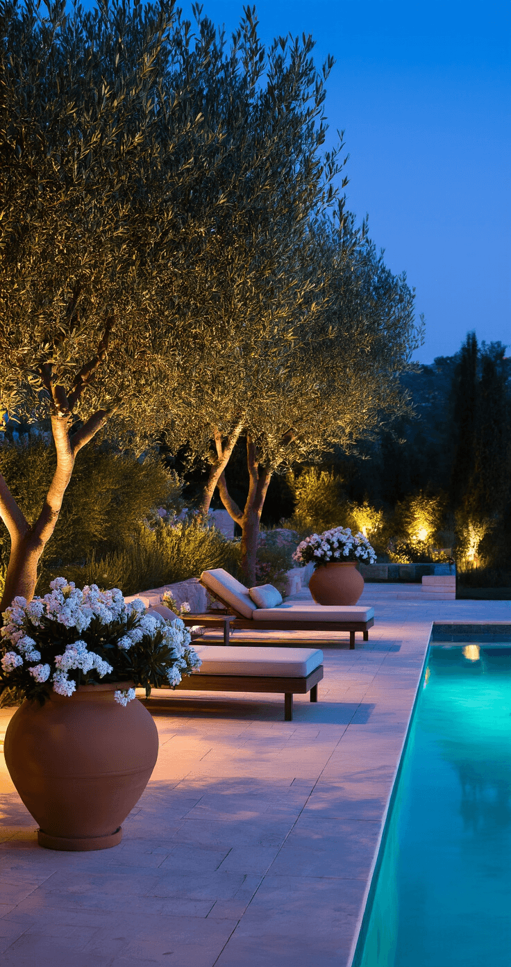 A tranquil Mediterranean garden at twilight featuring a poolside scene with illuminated olive trees, terracotta planters filled with white oleander and purple bougainvillea, modern loungers, and reflections of the deep blue sky on the water, enhanced by soft landscape lighting.
