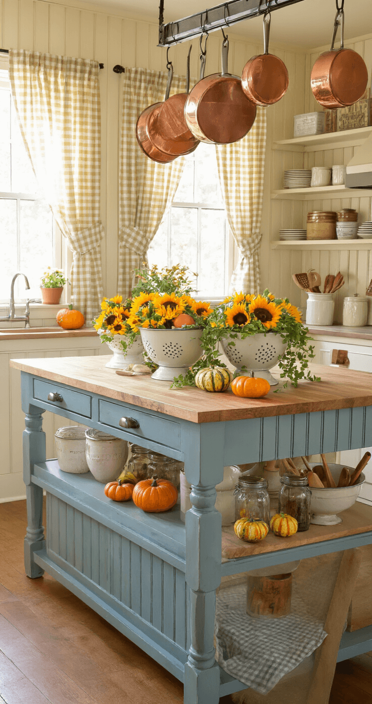 A cozy country kitchen featuring beadboard wainscoting and open shelving, illuminated by mid-morning sunlight through gingham curtains. The island showcases vintage colanders filled with mini pumpkins and cascading ivy, surrounded by mason jars with sunflowers and wooden utensils. The butcher block island contrasts with a soft blue base, while copper pots hang from a ceiling rack. The warm buttercream walls enhance the rustic charm of the space.