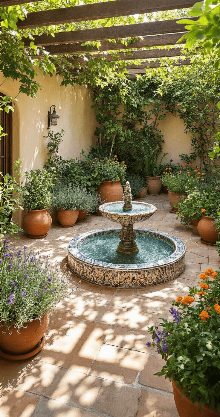 An intimate Mediterranean courtyard garden corner featuring an antique mosaic fountain surrounded by terracotta pots with drought-tolerant plants like silver santolina, purple verbena, and orange lantana. Dappled light filters through a pergola, casting intricate shadow patterns on textured warm cream stucco walls. The scene is shot from above at a 45° angle, showcasing sharp details throughout.