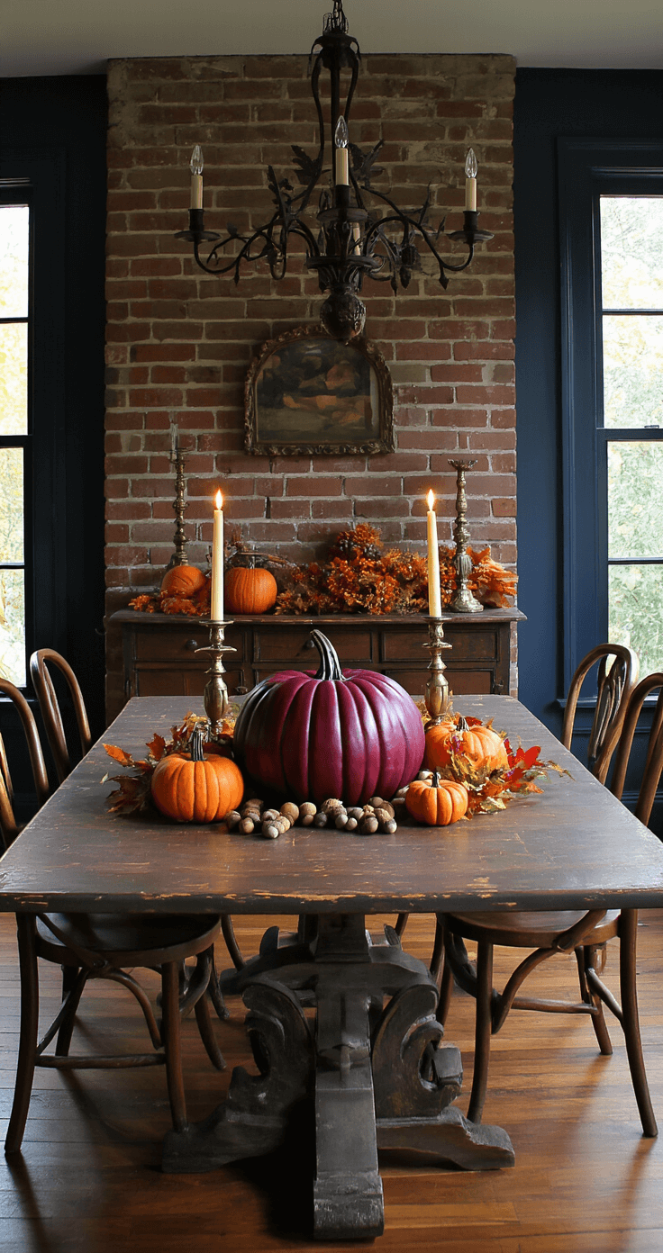 Intimate dining area with a feature brick wall and hardwood floors, featuring a rich burgundy carved leaf pumpkin centerpiece on a distressed wood table, surrounded by mismatched vintage chairs, antique brass candlesticks, and scattered acorns, under the warm glow of a wrought iron chandelier, with deep navy walls and an antique sideboard displaying pumpkins and fall foliage.