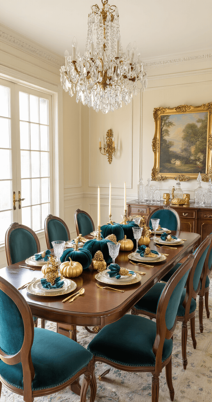 Luxurious formal dining room featuring a long mahogany table with a jewel-toned velvet pumpkin centerpiece, elegant gold-rimmed china, and crystal stemware, all bathed in warm golden hour light.
