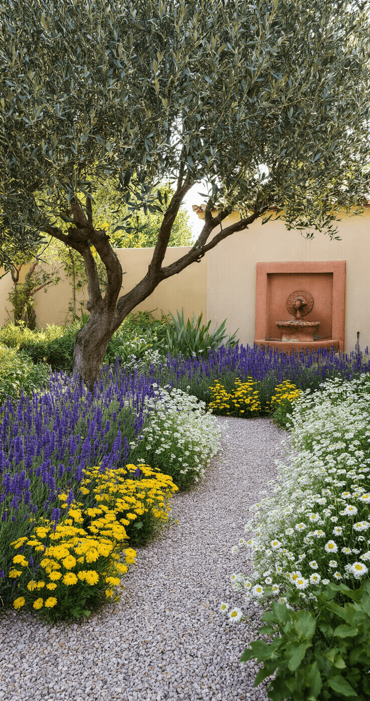 Ground-level view of a drought-tolerant Mediterranean garden featuring a gravel path bordered by purple salvia, yellow yarrow, and white gaura, with an ancient olive tree at the center and a terracotta wall fountain in the background, all illuminated by strong afternoon light.