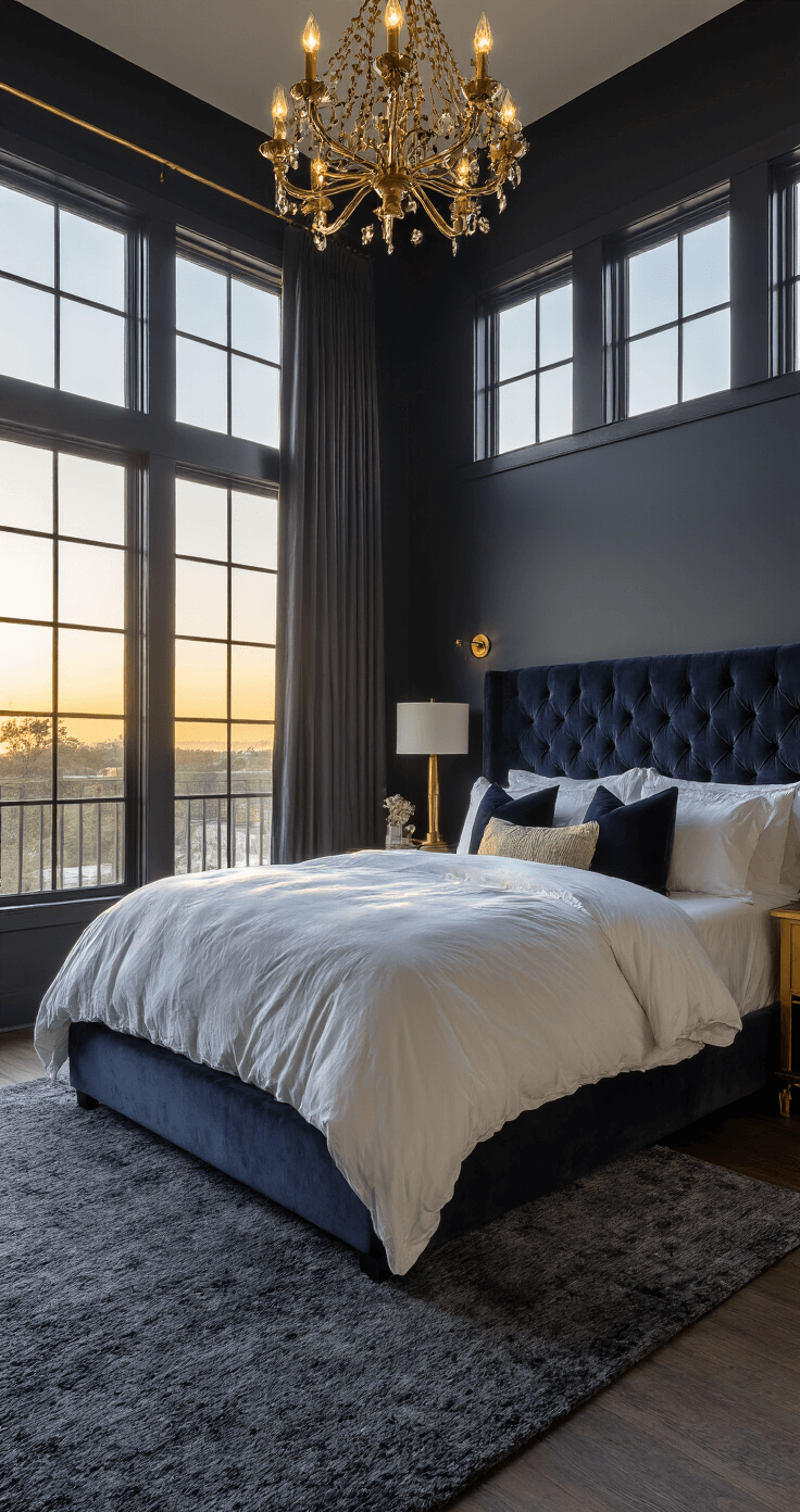 Spacious master bedroom featuring a king-size bed with a navy velvet headboard, golden hour light filtering through sheer charcoal curtains, dark walls, brass accents, and a plush charcoal rug.