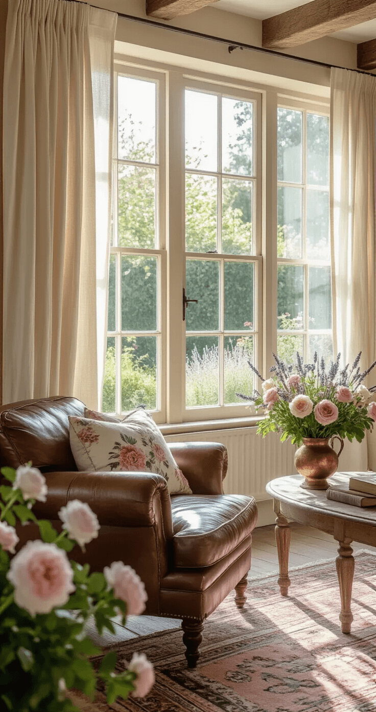 A sunlit cottage living room with floor-to-ceiling windows overlooking an English garden, featuring a weathered leather armchair with vintage floral cushions, an antique copper vase of fresh-cut cottage roses, peonies, and lavender on a distressed oak side table, cream limewash walls, original wooden beams, and layered vintage Persian rugs in muted rose and sage, with soft focus on foreground garden flowers visible through the windows.