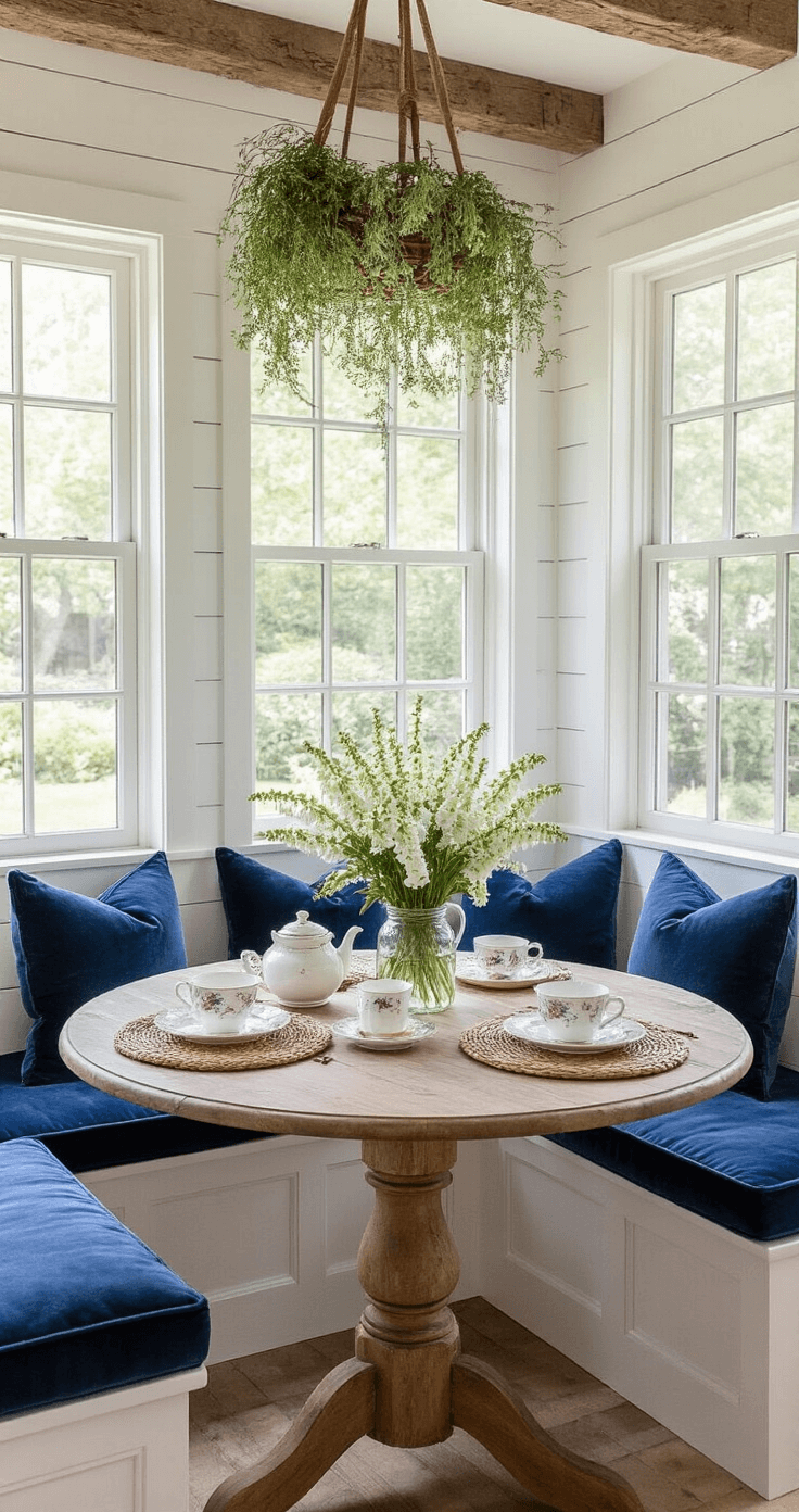 A cozy breakfast nook featuring a built-in window seat with deep blue velvet cushions, a rustic farmhouse table set with delicate bone china teacups and mason jars of fresh foxgloves, all illuminated by high-key afternoon light filtering through multi-pane windows, with dried herbs hanging from exposed wooden beams and a soft bokeh garden background.