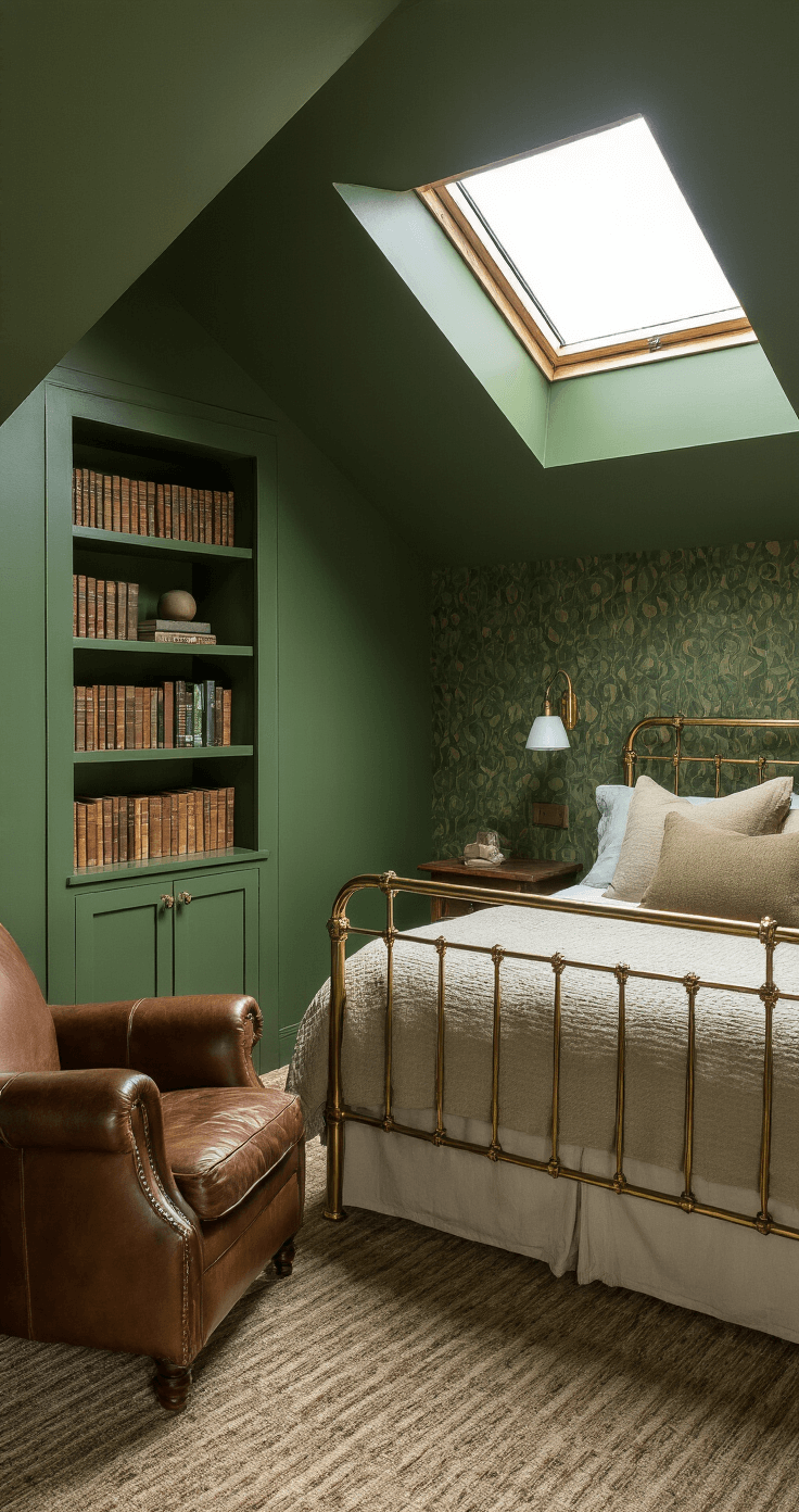 An intimate guest bedroom featuring sloped ceilings, with forest green walls and a queen-size brass bed adorned in earthy linens, flooded with midday light from a skylight. A vintage leather armchair and built-in bookshelves add charm, while textured wallpaper enhances the cozy ambiance.