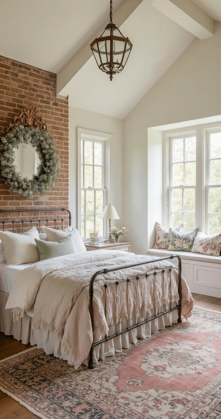 Cozy cottage master bedroom at golden hour featuring a vaulted ceiling, whitewashed walls, and an exposed brick chimney. A vintage iron bed dressed in cream, dusty rose, and sage green linens, flanked by delphinium wreaths and an ornate gilt mirror. Weathered oak floorboards with faded Turkish rugs and a window seat adorned with Liberty print pillows beneath leaded glass windows.