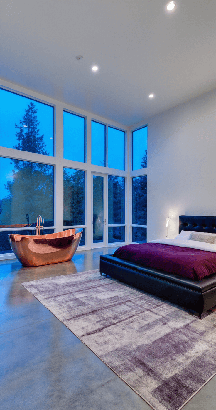 A luxurious primary suite featuring a California king bed with a black leather platform and headboard, deep plum duvet, polished concrete floors, and a freestanding copper bathtub, illuminated by twilight through floor-to-ceiling windows.