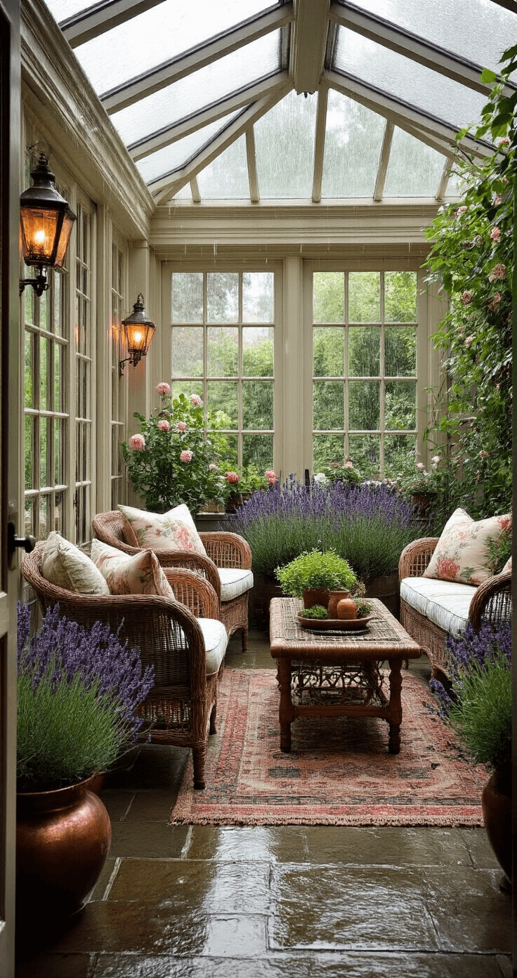 A cozy garden-facing conservatory with a glass ceiling, showcasing wicker furniture with faded chintz cushions, surrounded by potted lavender and climbing roses. Patinated copper planters are filled with vibrant cottage perennials, while slate flooring adorned with vintage kilim runners reflects warm lighting from iron sconces. Raindrops glisten on the glass as a moody afternoon sky looms outside.