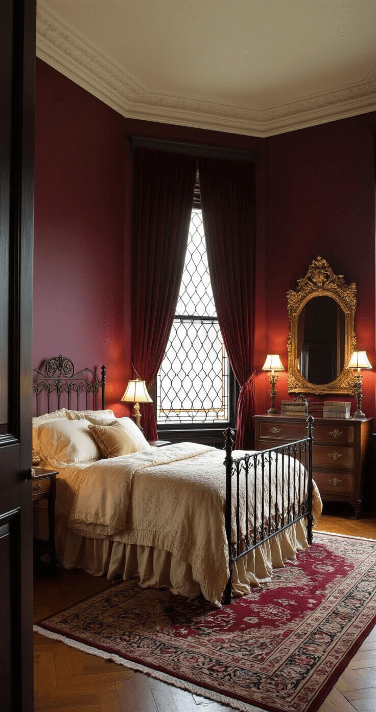 Cozy Victorian bedroom featuring burgundy walls, a wrought iron double bed with cream and gold linens, heavy velvet drapes, an ornate gilded mirror above an antique mahogany dresser, and parquet floors visible beneath a jewel-toned Persian rug, illuminated by warm, dim light from a soft lamp.