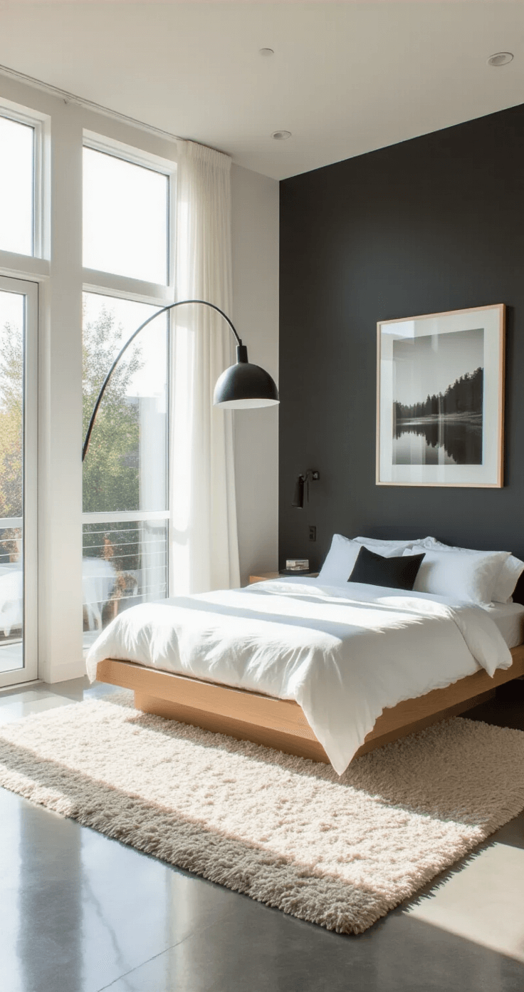 Minimalist bedroom featuring floor-to-ceiling windows, natural oak platform bed, crisp white bedding, charcoal accent wall, oversized black and white photograph, polished concrete floors, shaggy cream rug, and sleek black floor lamp, all illuminated by early morning light.