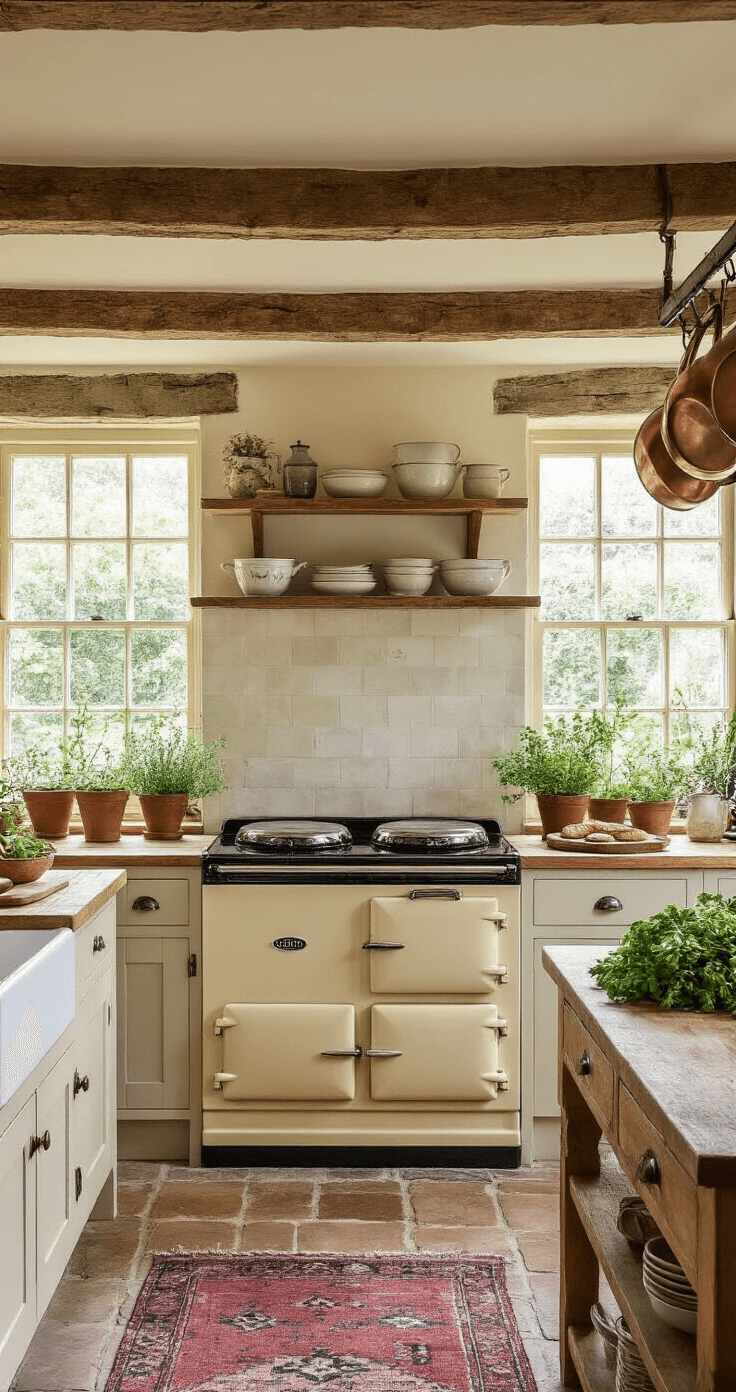 A charming cottage kitchen featuring a 10ft ceiling with exposed beams, morning light streaming through east-facing windows, rustic open shelving showcasing vintage ironstone, fresh herbs in terracotta pots on windowsills, a cream AGA range cooker as the centerpiece, oak worktops adorned with a bread board and fresh garden flowers, copper pots hanging from a ceiling rack, and a flagstone floor topped with a vintage runner in faded reds and blues.