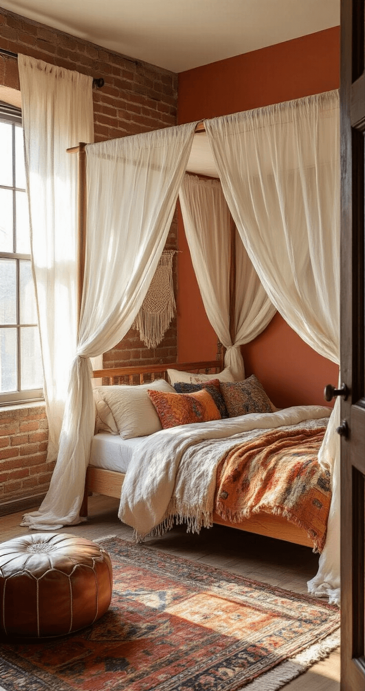 A cozy bohemian bedroom featuring exposed brick walls, a teak canopy bed adorned with colorful pillows, and warm terracotta walls. Sunlight filters through sheer white curtains, illuminating macramé plant hangers, woven wall hangings, and a vintage kilim rug, with a distressed leather pouf nearby, all captured in warm golden hour light.