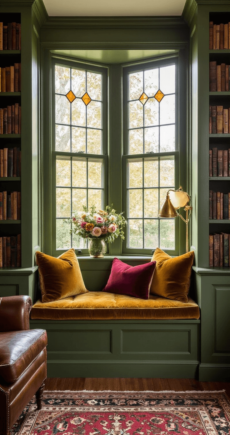 Cozy library nook with a window seat adorned with vintage cushions, built-in bookshelves, a brass lamp, and a worn leather armchair, captured during golden hour with warm sunlight.