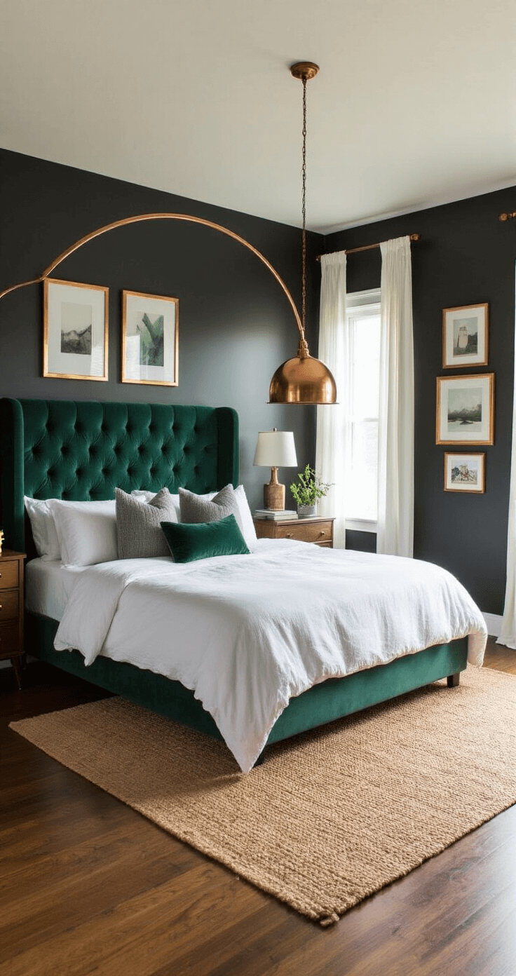 A spacious bedroom featuring dark charcoal walls, a king-size bed with a deep emerald green velvet headboard, white linen bedding, and textured gray throw pillows. A cozy reading nook with a large copper floor lamp is in the corner, while sheer white curtains filter soft evening light onto hardwood floors. A jute rug anchors the room, complemented by a gallery wall of gold-framed art, all captured in soft, diffused lighting from the doorway.