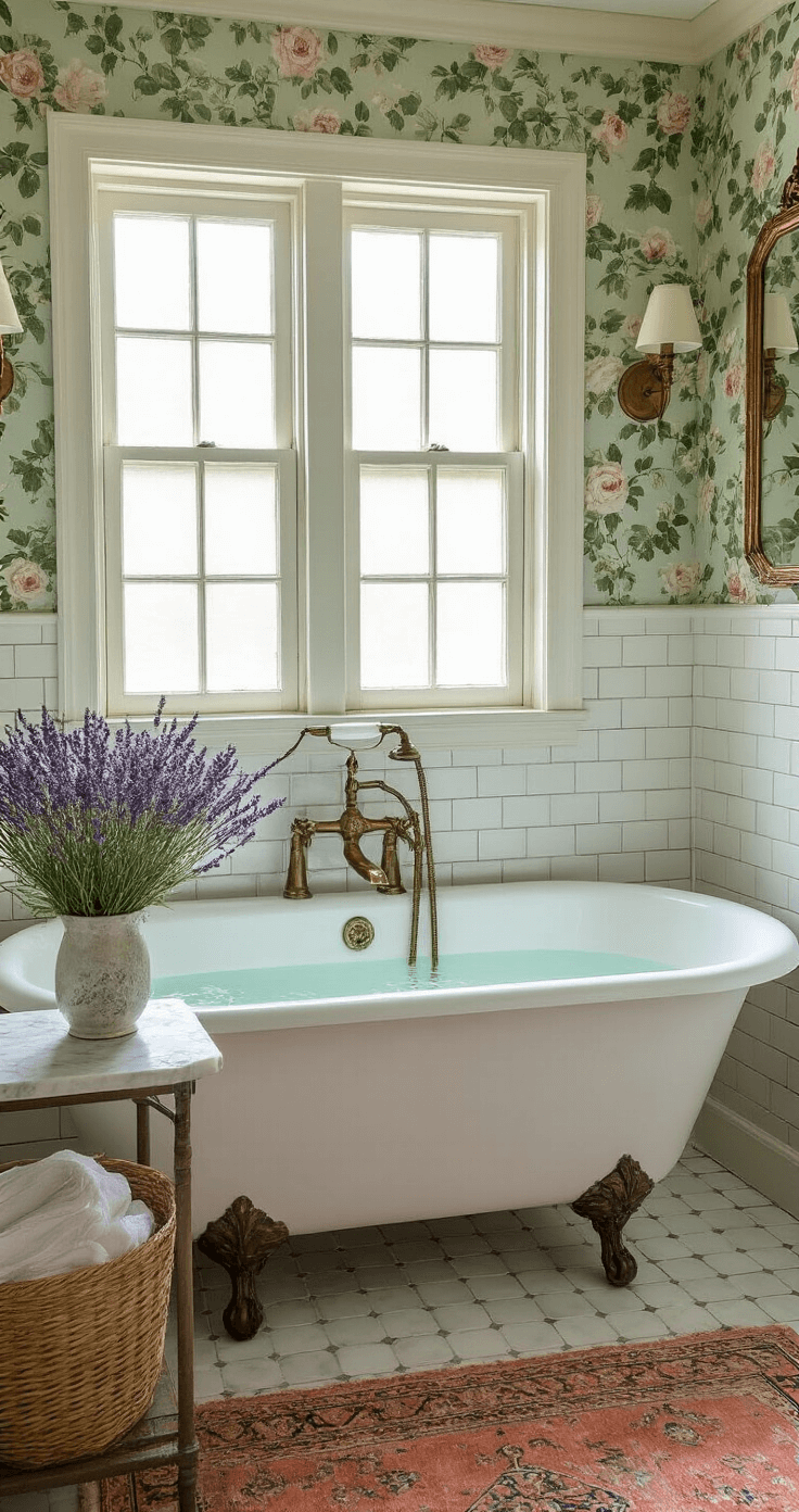 A garden-inspired bathroom featuring a clawfoot tub, illuminated by early morning light through a frosted glass window. The room showcases botanical wallpaper in sage green with climbing roses, white subway tile with dark grout, and antique brass fixtures. A fresh lavender bouquet rests on a marble-topped washstand, complemented by a vintage Turkish rug in muted coral tones and a woven basket filled with fresh linens.