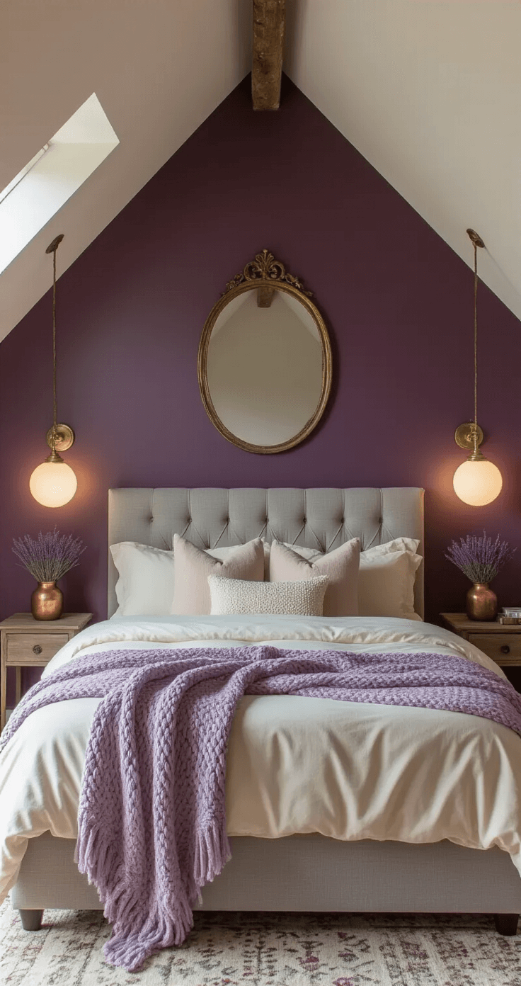 Intimate bedroom with sloped ceilings, rich eggplant purple walls, a queen-size bed with cream velvet bedding and a lavender knit throw, twin globe sconces, a vintage brass mirror, and dried lavender in a copper vase on a weathered wood nightstand, captured from a low angle to emphasize the cozy atmosphere.