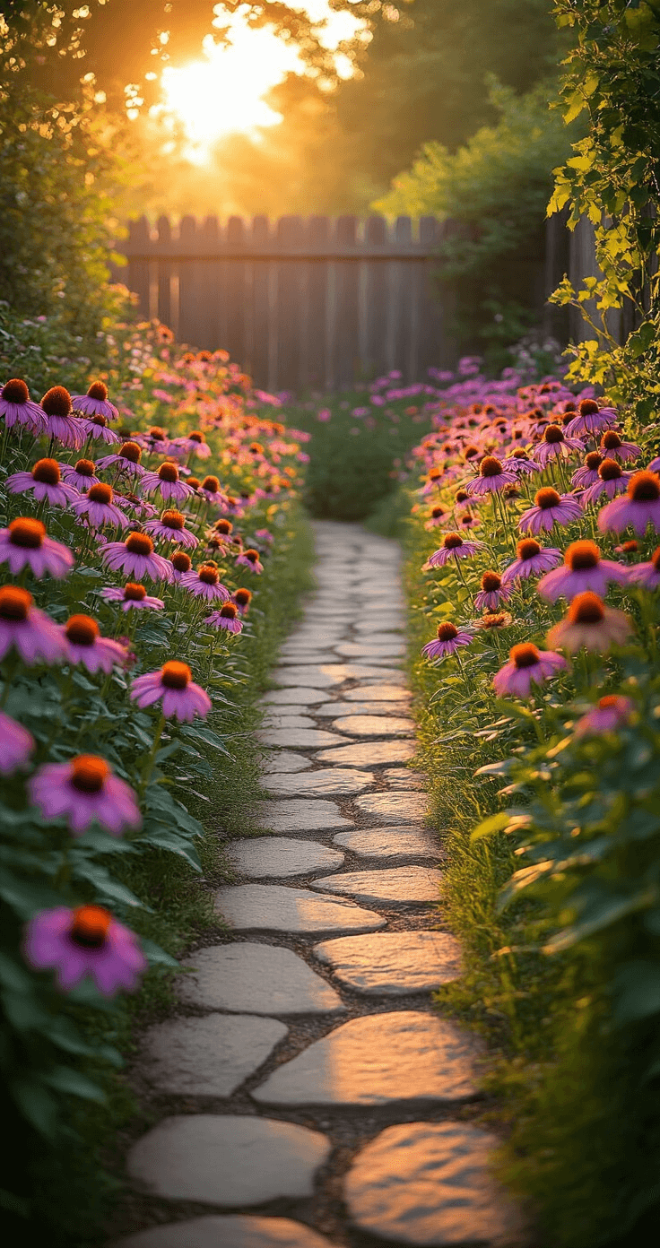 A sunlit cottage garden at golden hour featuring a winding flagstone path surrounded by swaying purple coneflowers, warm evening light creating a dreamy bokeh effect, with a weathered wooden fence and climbing clematis in the background, showcasing a natural pollinator-friendly aesthetic.