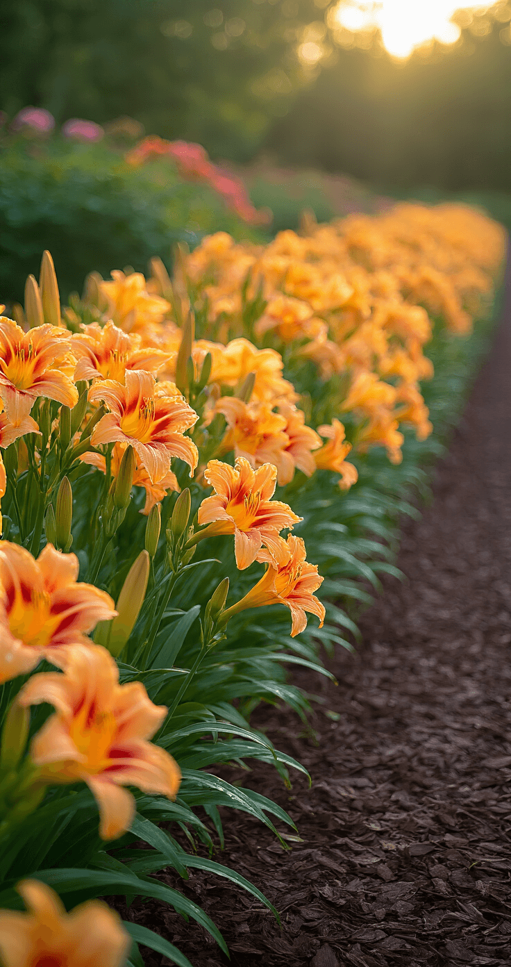 Morning dew glistens on vibrant daylilies with ruffled orange and yellow blooms, towering 3ft stems captured in low angle. A 30ft border layered with mixed varieties displays staggered heights against rich brown mulch, with a soft focus on the background.