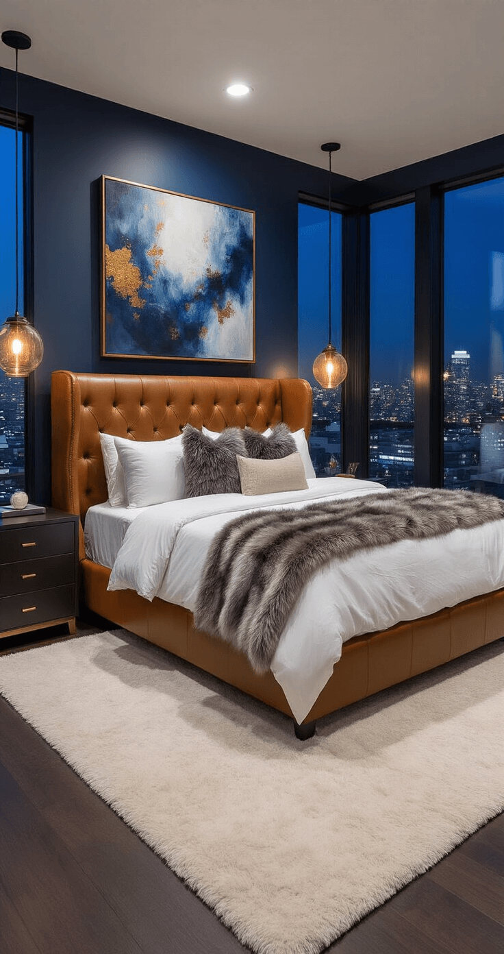 Modern master bedroom featuring a California king bed with a tufted leather headboard, deep navy blue walls, floor-to-ceiling windows with a nighttime cityscape, and a plush area rug on dark hardwood floors.