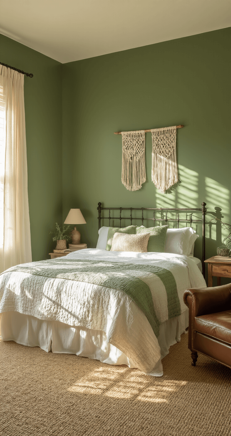 A cozy guest bedroom with forest green walls, a wrought iron queen bed dressed in white linens and a sage and cream quilted coverlet, macramé wall hangings, a distressed leather armchair, and a small writing desk, all illuminated by late afternoon sunlight filtering through sheer linen curtains, casting dappled shadows on a sisal carpet.
