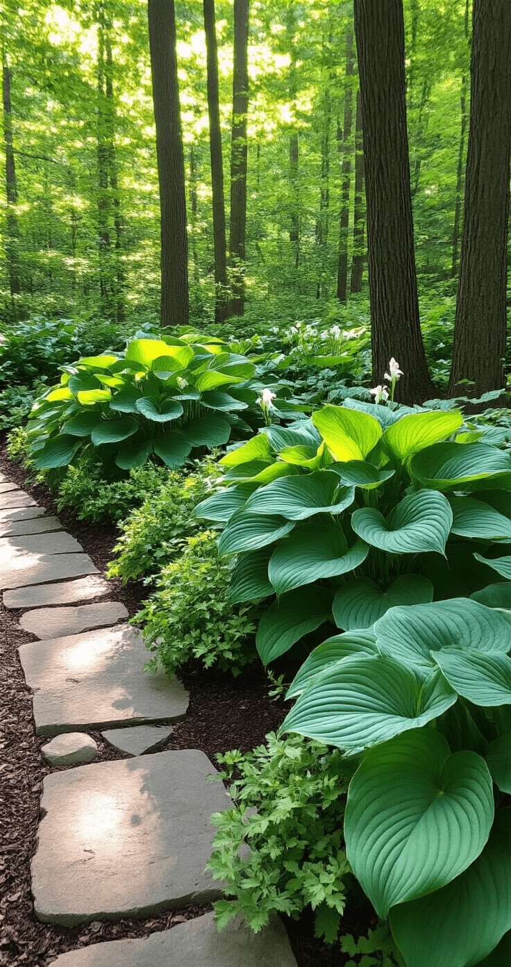 Wide angle view of a shaded woodland garden corner featuring large hostas with blue-green to chartreuse foliage, dappled light on textured leaves, white blooms, a stone path, and aged copper garden accessories, captured from a ground-level perspective.