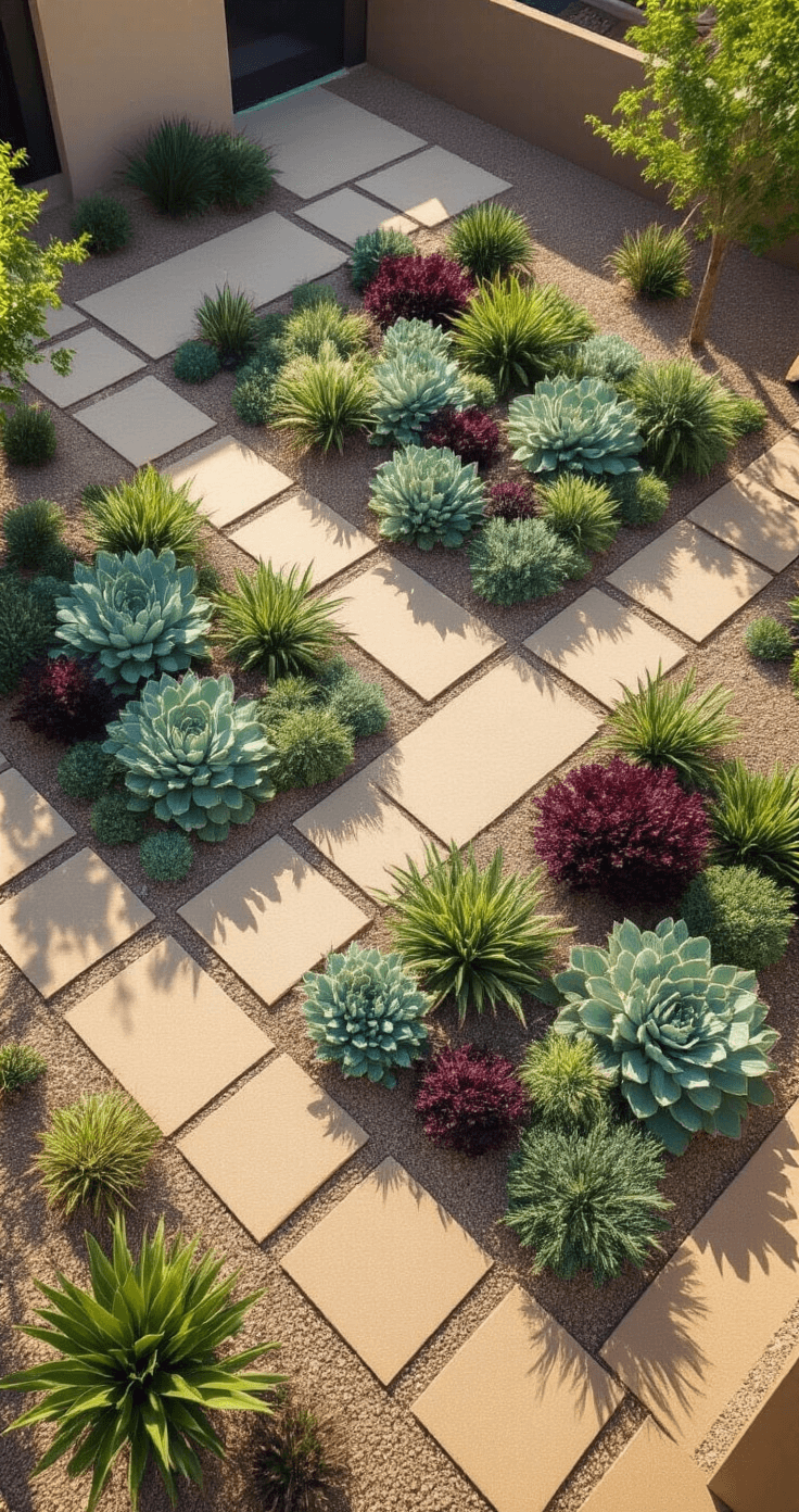 Overhead view of a modern xeriscape garden with geometric beds of silver-green sedum, showcasing a spectrum of colors from pale jade to deep burgundy under strong midday sunlight, with warm tan gravel paths separating the plantings.
