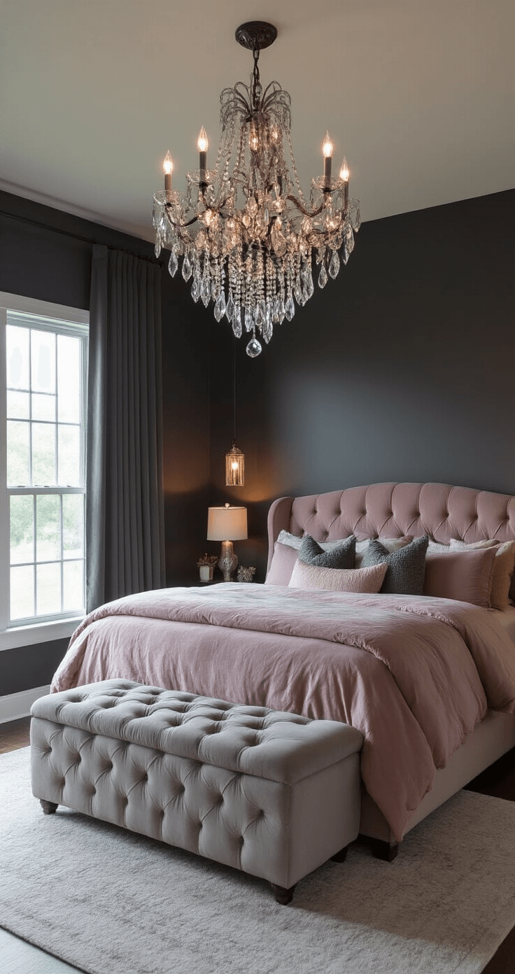 A low-angle shot of a sophisticated primary bedroom, featuring a sleigh bed upholstered in dusty rose velvet, layered with gray and blush linens, against deep charcoal gray walls. A crystal chandelier casts intricate shadows, while a tufted pale gray ottoman sits at the foot of the bed, illuminated by candlelight with heavy blackout curtains framing floor-to-ceiling windows.