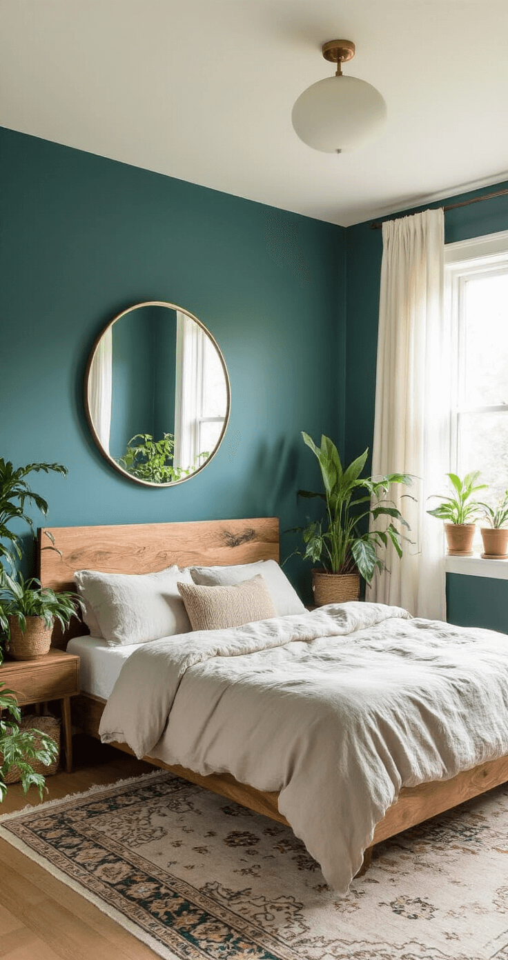 A cozy 12x12 ft bedroom in deep teal, featuring a platform bed with a live-edge wood headboard and rumpled ecru and seafoam linens, a large round brass-framed mirror, potted plants, and a vintage Persian rug, all illuminated by early morning light filtering through sheer white curtains.
