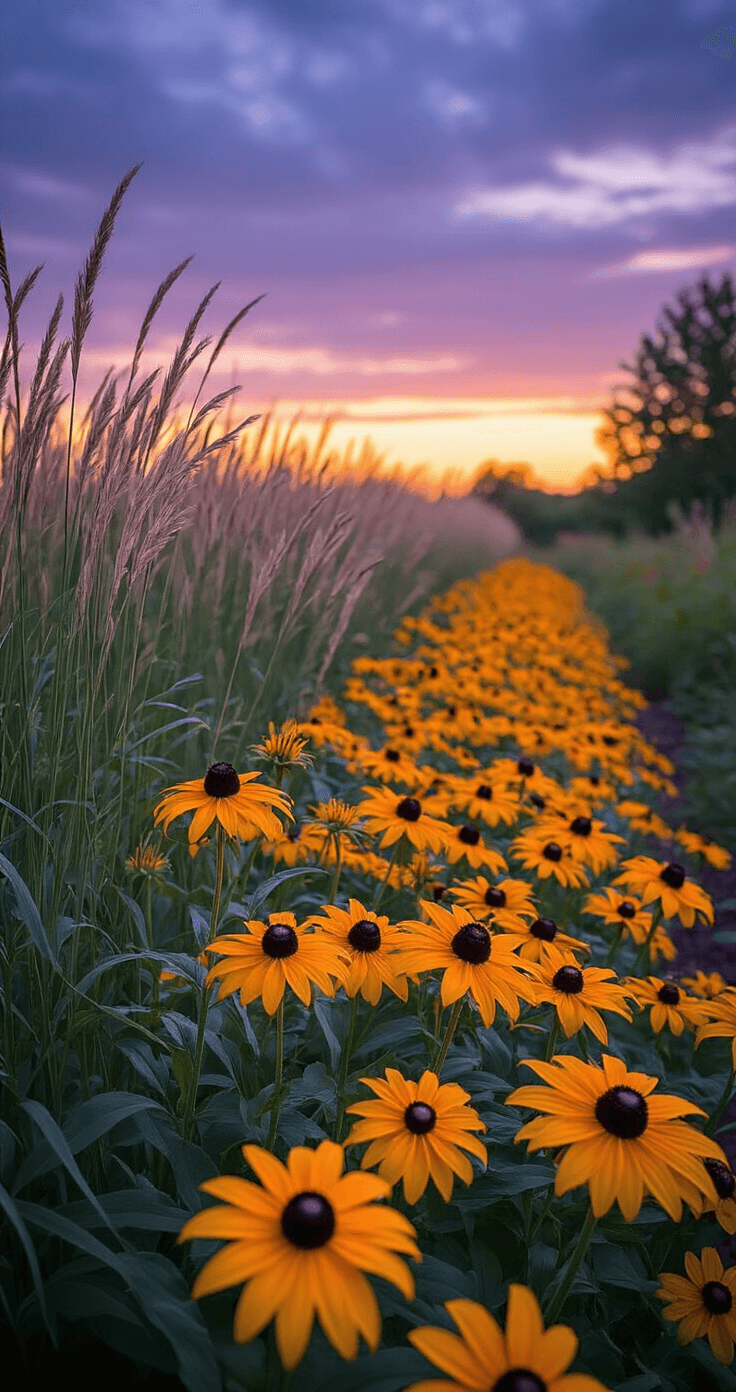 Late summer prairie garden at magic hour, featuring a vibrant 15ft border of black-eyed Susans illuminated by warm evening light, set against a dusky purple sky with ornamental grasses. Shallow depth of field highlights key blooms while suggesting lush plantings beyond.