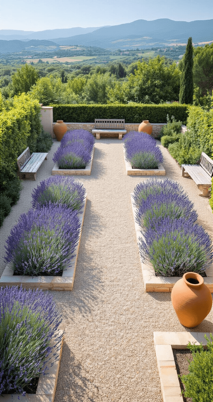 Aerial view of a Mediterranean-inspired terrace garden featuring formal rows of French lavender in geometric 20x30ft layout, with gravel paths between raised stone beds, Provence blue blooms, silver foliage, and honey-colored hardscaping, accented by terra cotta pots and a weathered bench, showcasing clean architectural lines amidst organic lavender forms.