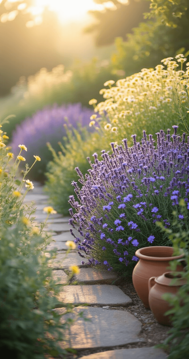 Intimate dawn scene of a cottage garden with catmint, yarrow, and Russian sage; dewdrops on purple-blue catmint flowers glisten in soft light, featuring vintage tools and terracotta containers in a romantic, dreamy focus.
