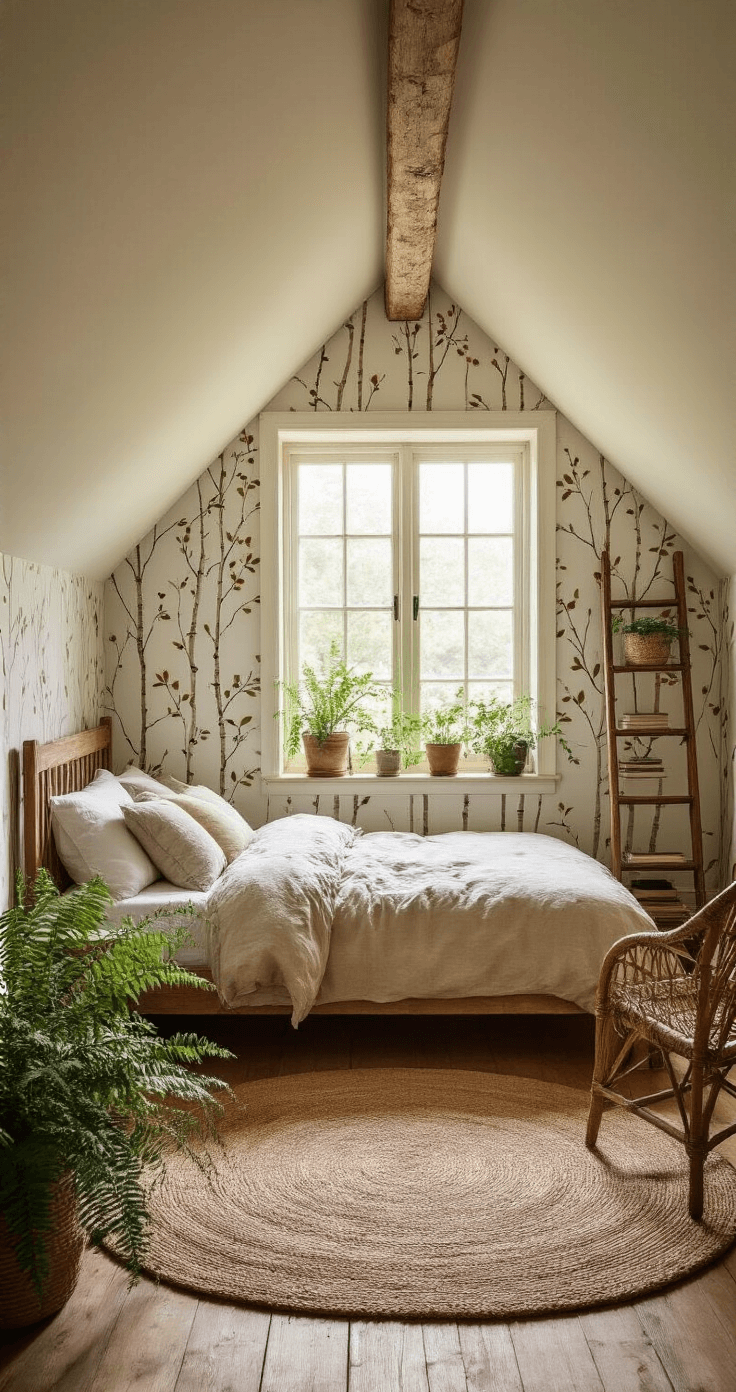 A cozy attic bedroom with sloped ceilings featuring nature-inspired wallpaper, a rustic wooden bed with a linen duvet, potted ferns, a vintage ladder bookshelf, and a woven rattan chair, all bathed in warm golden hour sunlight.