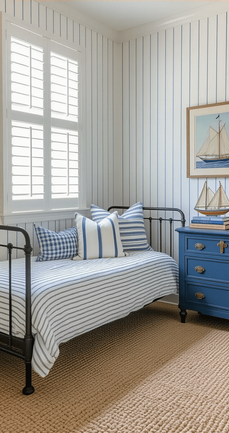 A charming guest bedroom featuring white and navy blue striped wallpaper, a wrought iron daybed with patterned pillows, a distressed blue dresser with vintage sailboats, and a sisal carpet, all illuminated by soft late morning light.