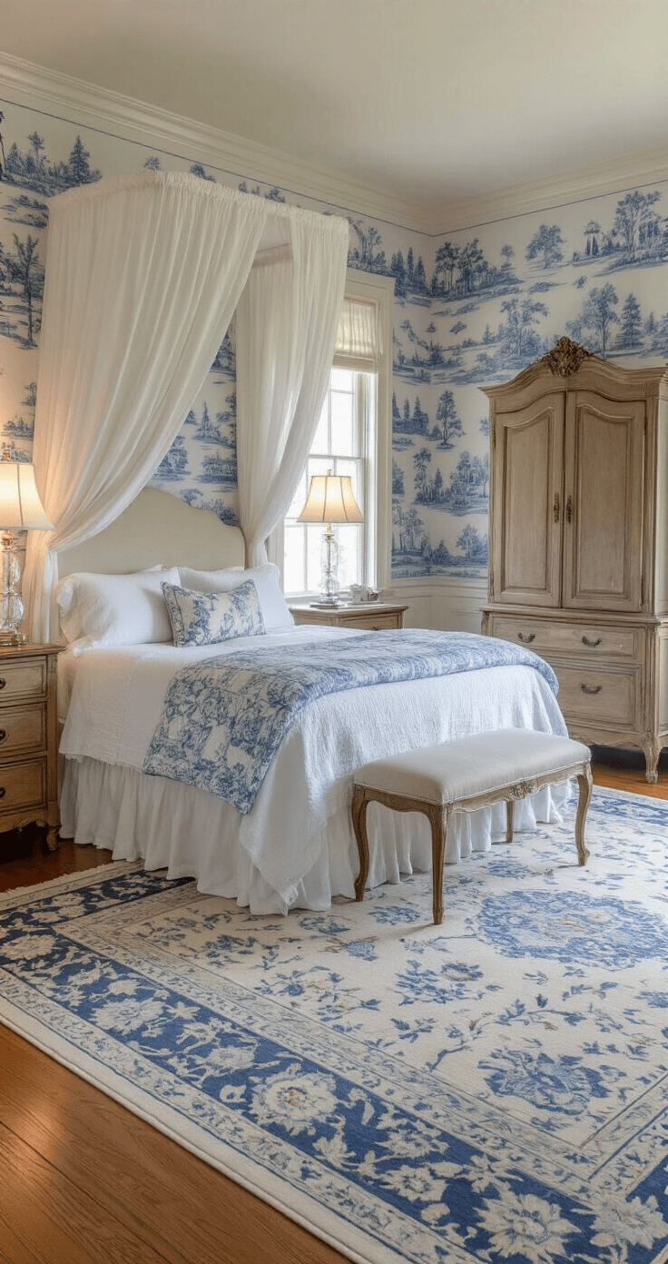 An elegant master bedroom with blue and white toile wallpaper, featuring a grand four-poster bed draped in a white canopy and blue quilt, crystal lamps on weathered oak nightstands, a French provincial armoire, and a plush Aubusson rug, all illuminated by soft twilight glow for a romantic ambiance.