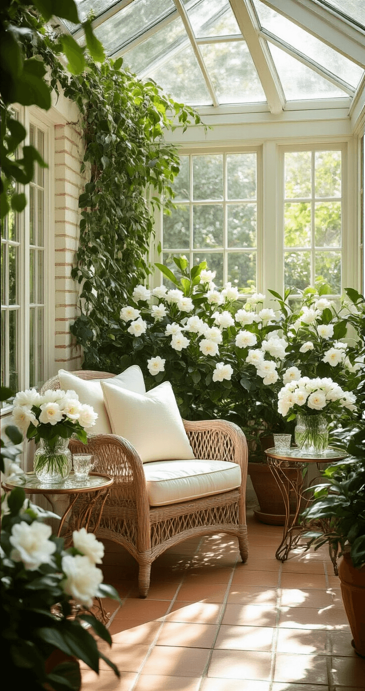 Sunlit conservatory with glass ceiling, clusters of white gardenias, vintage rattan chair, crystal vases, whitewashed brick walls, terracotta tiles, and trailing ivy, showcasing fresh, elegant botanical atmosphere with dewdrops on petals.