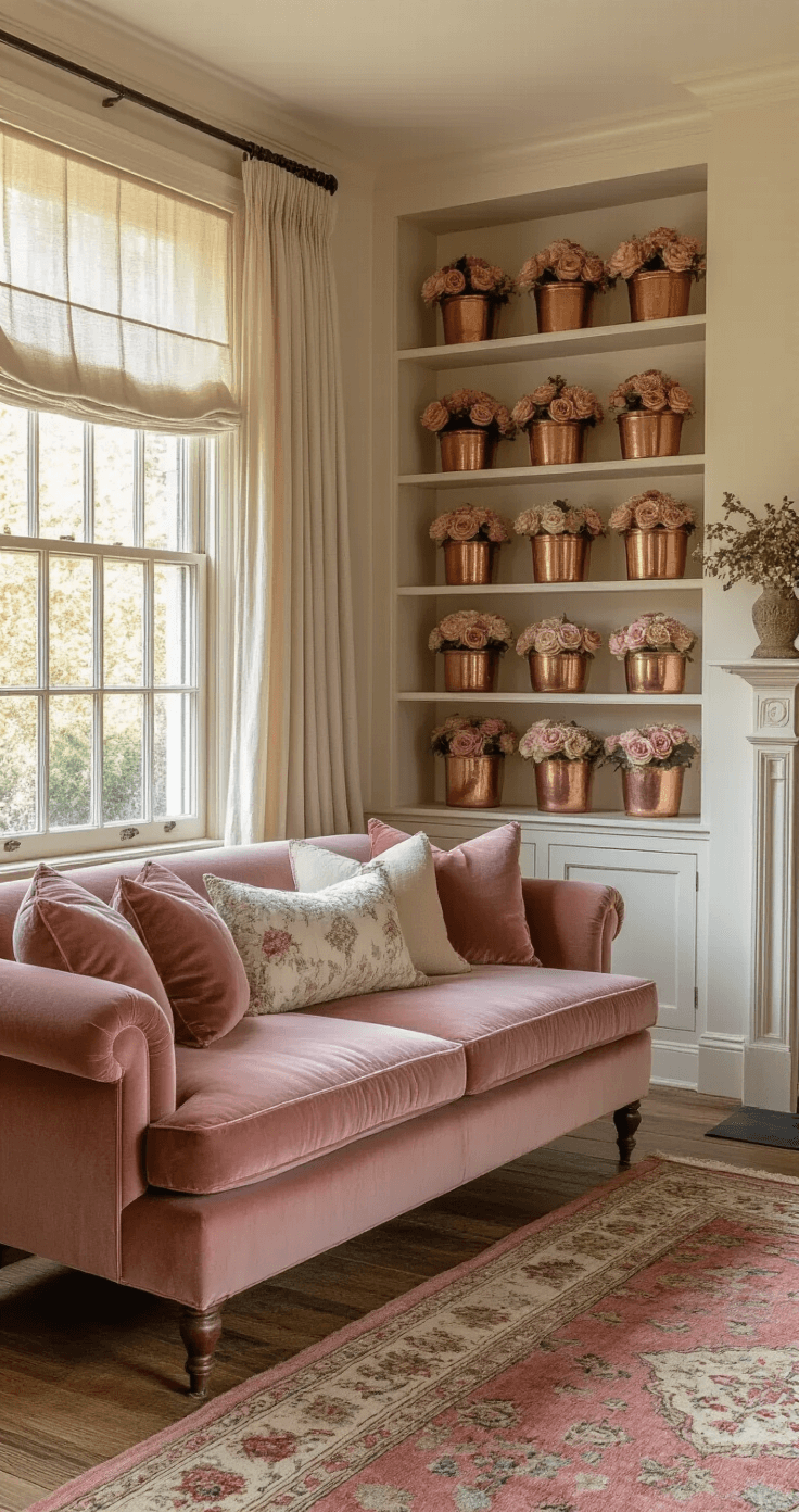 Intimate cottage living room at golden hour, showcasing a dusty rose loveseat beneath a bay window, surrounded by floor-to-ceiling built-in shelves filled with dried rose arrangements in antique copper vessels, all on weathered oak floors with a vintage Persian rug. Warm afternoon light filters through sheer curtains, creating a romantic and nostalgic atmosphere.