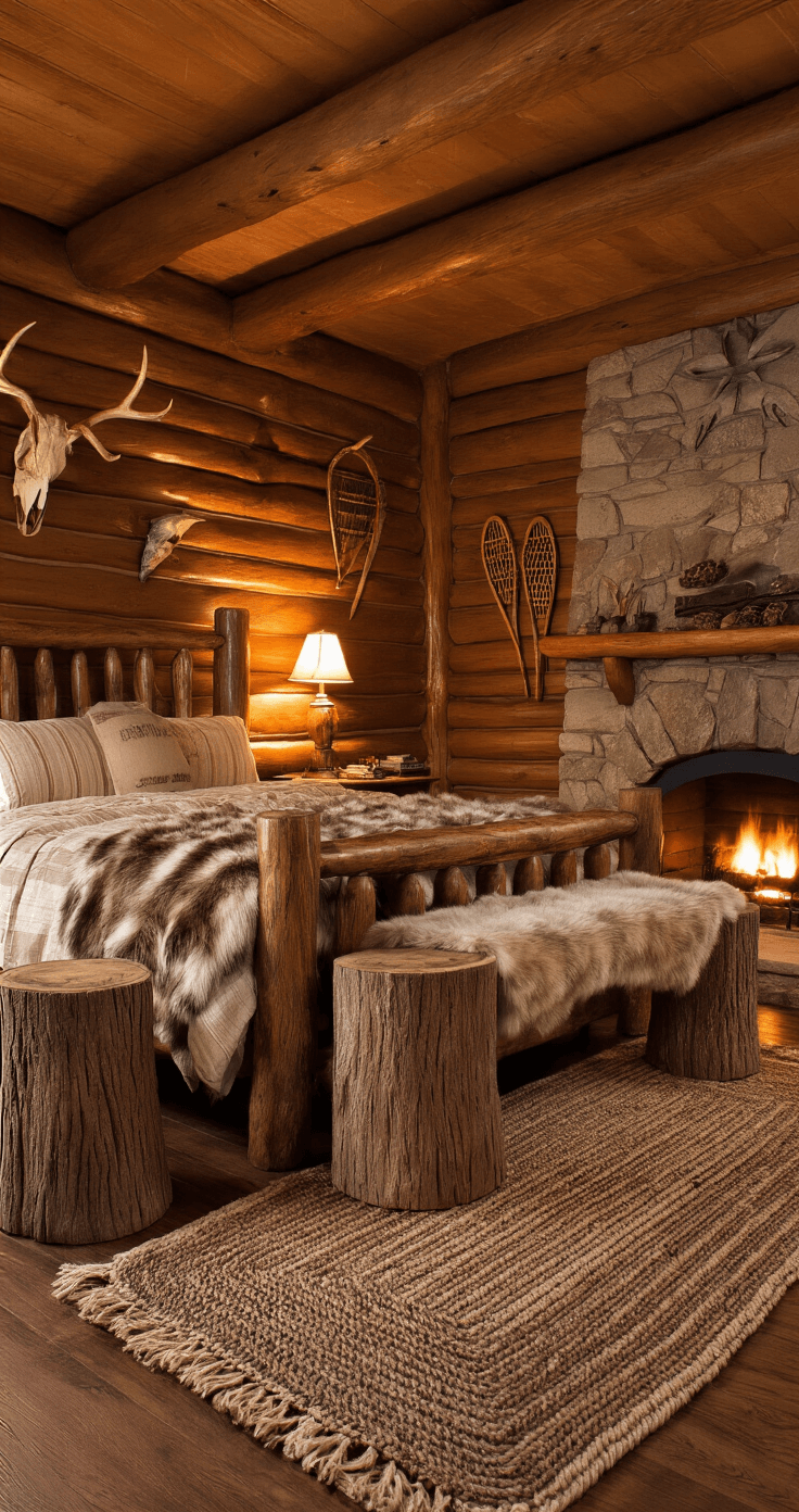 A cozy cabin-style bedroom with a log bed and faux fur throw, warm lamplight illuminating faux wood grain wallpaper, rustic nightstands made from stumps, a stone fireplace with a crackling fire, and vintage decor, including antlers and snowshoes, all on a braided wool rug.