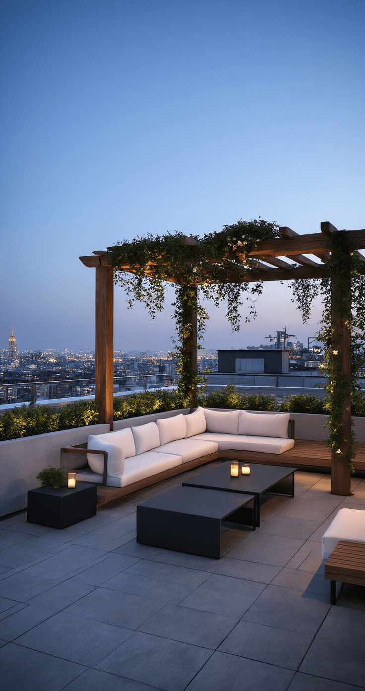 Modern rooftop terrace at twilight with a cedar pergola draped in night-blooming jasmine, minimalist concrete planters, a low-profile teak sectional with ivory cushions, black metal accent tables, and warm LED uplighting, set against twinkling city lights beyond glass railings, in a sophisticated urban atmosphere.