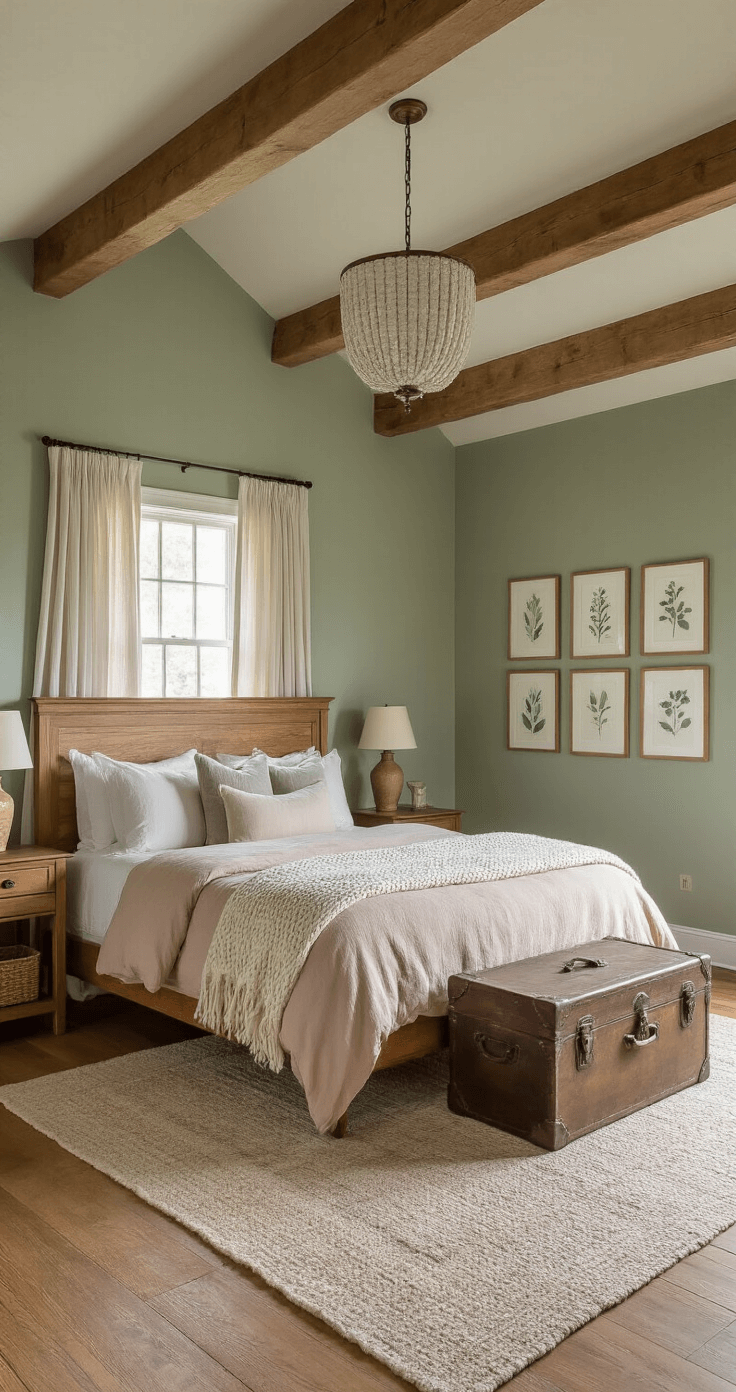 A cozy 14x16 foot bedroom with vaulted ceilings, featuring a king-sized wooden bed, sage green walls, antique nightstands, blush linen bedding, a vintage trunk, and a gallery wall of botanical prints, all illuminated by early morning light.