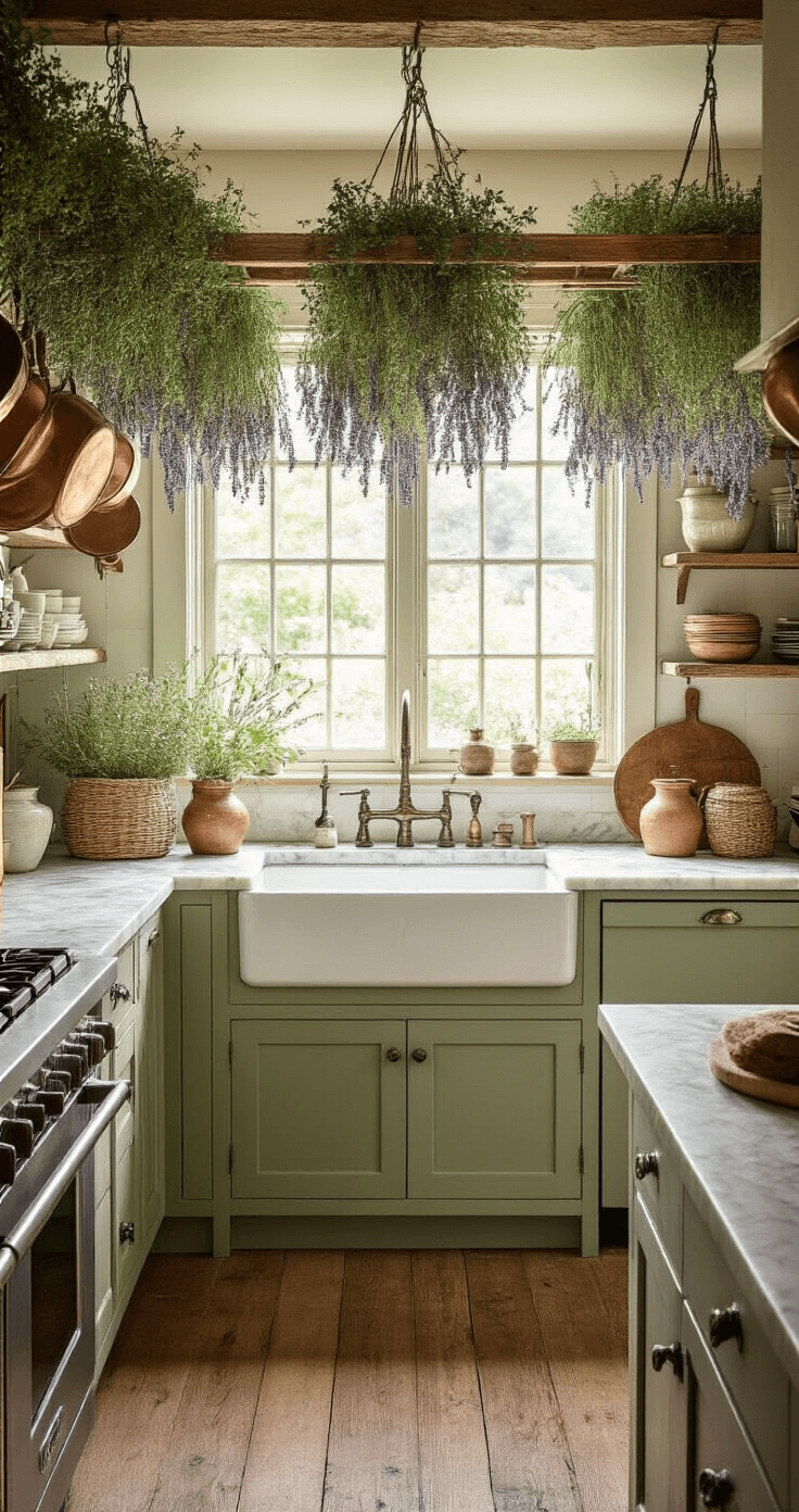 A rustic country kitchen filled with light, featuring sage-painted cabinets, marble countertops, and a farmhouse sink beneath a window, adorned with ceiling-mounted herb drying racks holding lavender bundles, copper pots, woven baskets, and earthenware crocks, all set on wide plank floors.